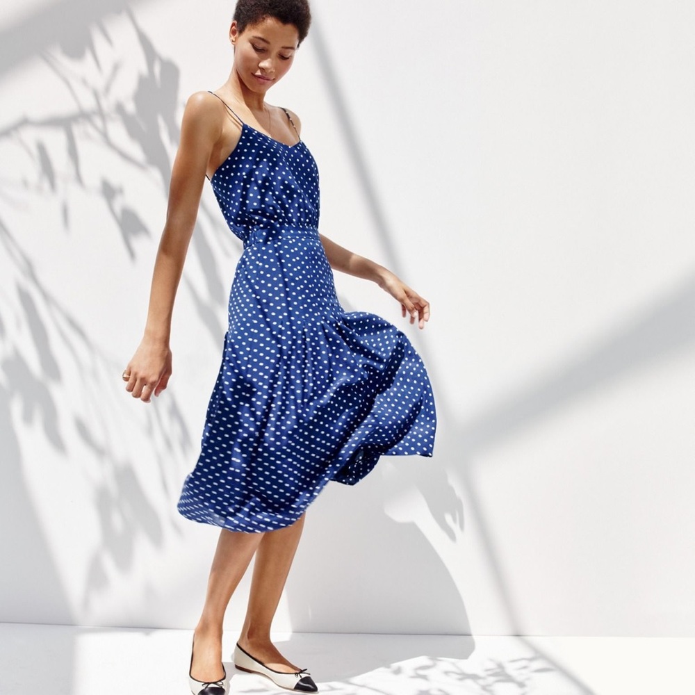 Polka Dot Blue Silk Midi Dress